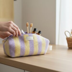 Trousse de toilette rayée jaune et lilas