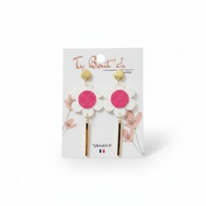 Boucles d’oreilles en tissu fleurs fushia et blanc